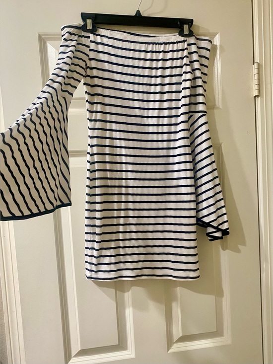 Bo-Bel Dresses & Skirts - Striped Off-Shoulder Bell Sleeve Dress - Black & White